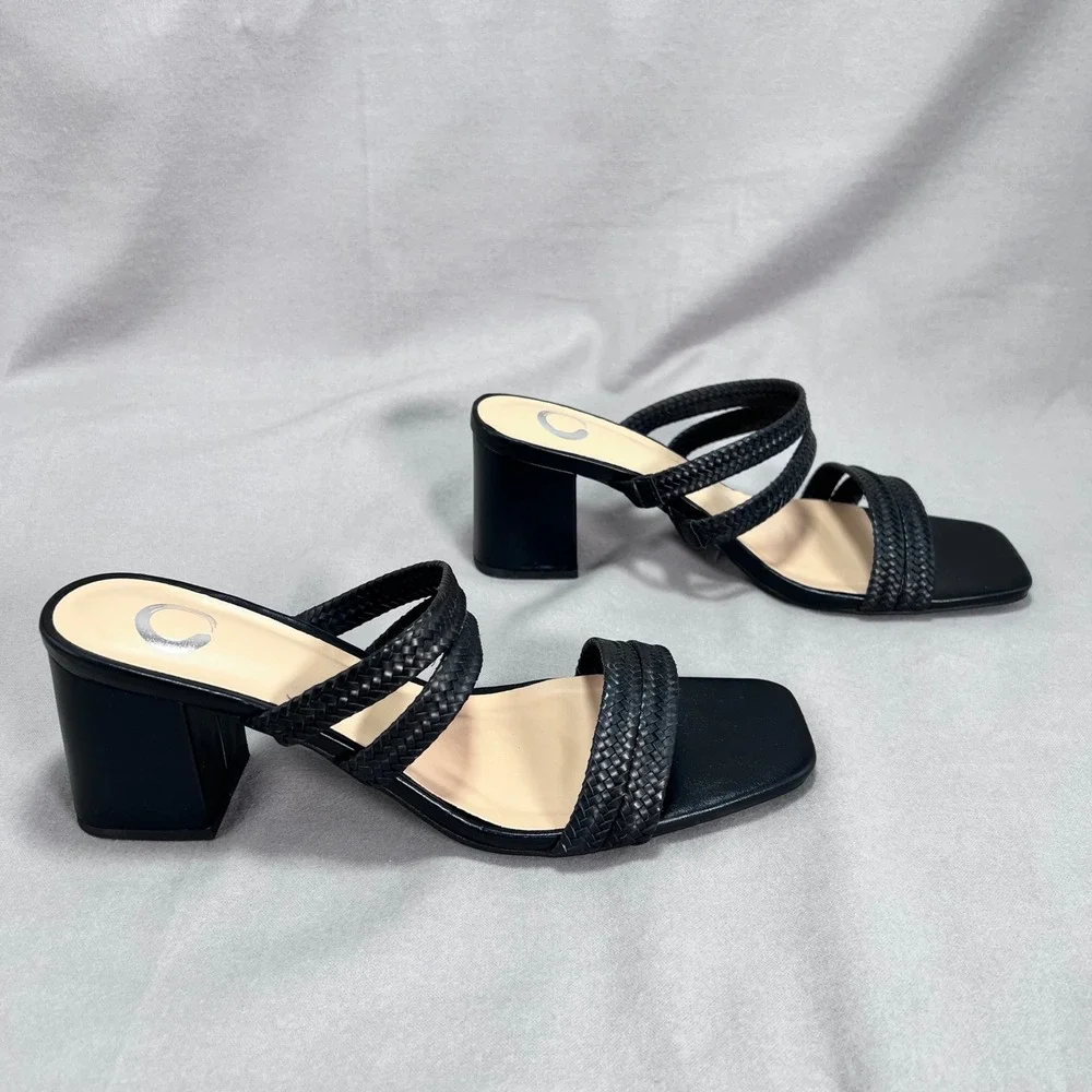 Journee Collection Natia Black Sandals Block Heel Braided Straps Slip On Size 11
